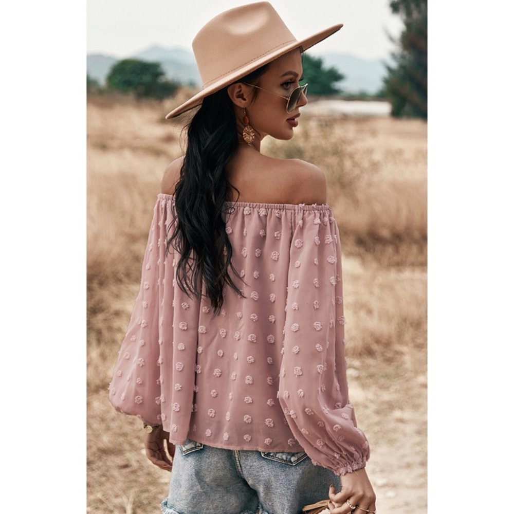 Boho Off Shoulder Loose Bubble Sleeve Top Pink - Picture 5 of 10